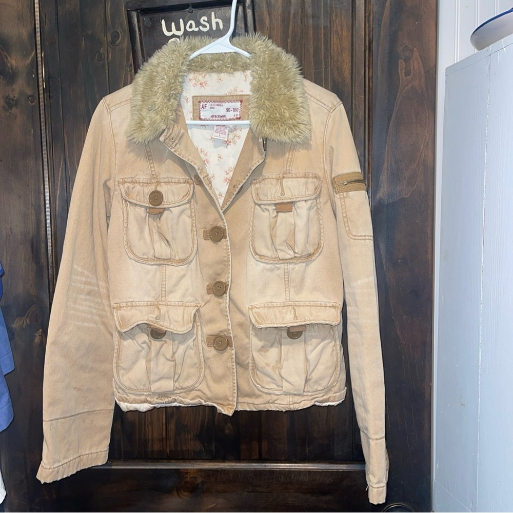 Abercrombie & Fitch Beige Utility Jacket with Faux Fur Collar